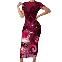 New Zealand Matariki Short Sleeve Bodycon Dress Maori Tui Bird Magenta Galaxy DT05 Long Dress Magenta - Polynesian Pride