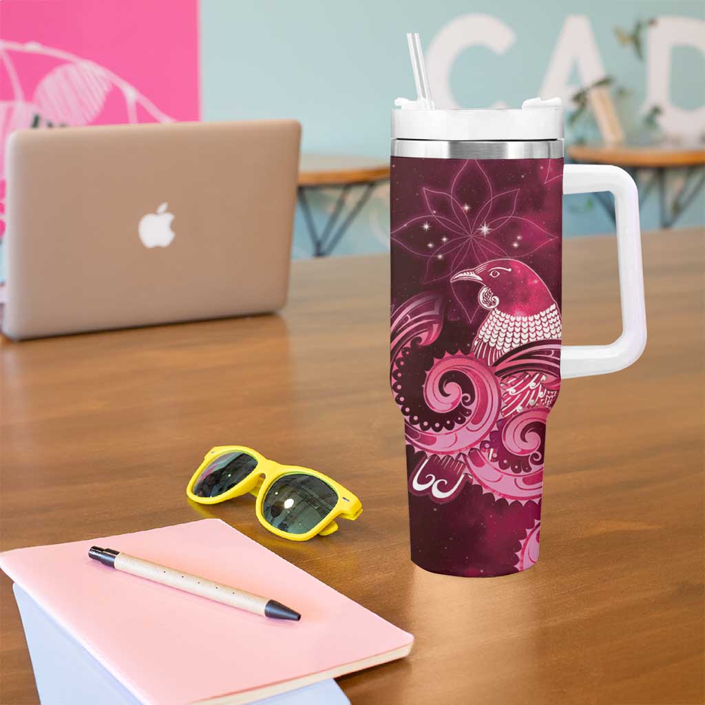 New Zealand Matariki Tumbler With Handle Maori Tui Bird Magenta Galaxy