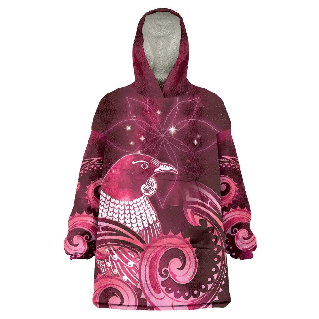 New Zealand Matariki Wearable Blanket Hoodie Maori Tui Bird Magenta Galaxy DT05 One Size Magenta - Polynesian Pride