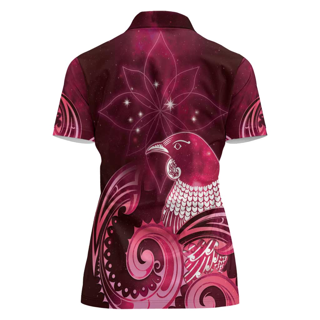 New Zealand Matariki Women Polo Shirt Maori Tui Bird Magenta Galaxy DT05 - Polynesian Pride