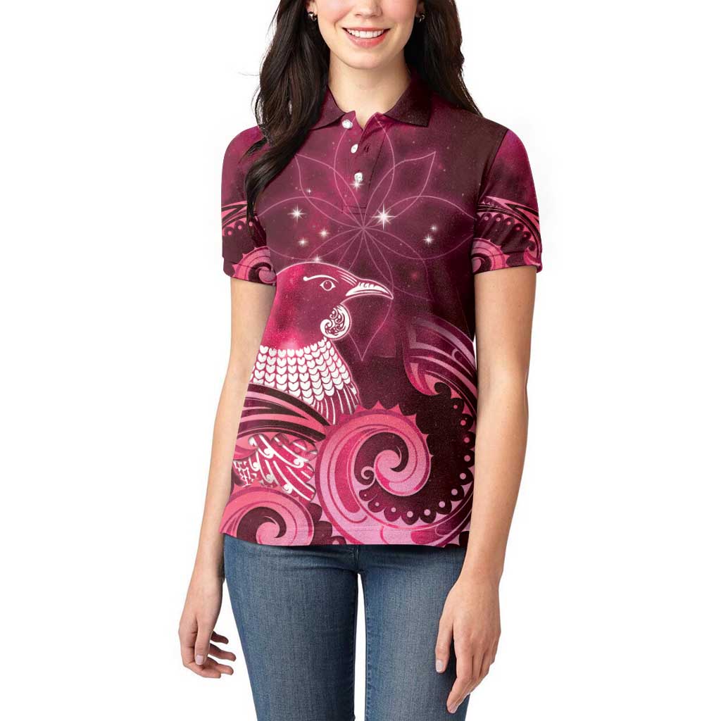 New Zealand Matariki Women Polo Shirt Maori Tui Bird Magenta Galaxy DT05 - Polynesian Pride