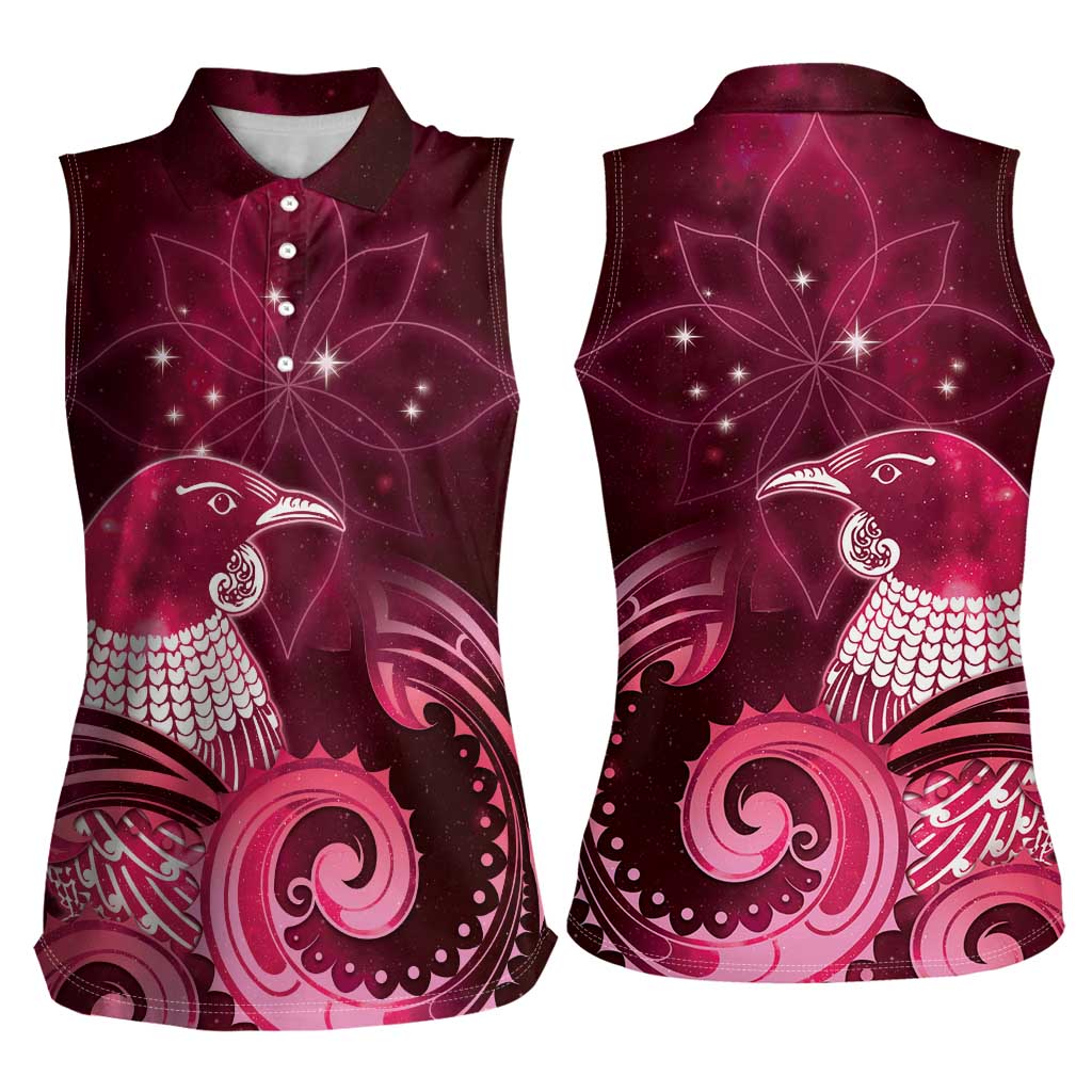 New Zealand Matariki Women Sleeveless Polo Shirt Maori Tui Bird Magenta Galaxy DT05 - Polynesian Pride