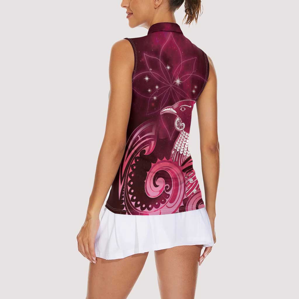 New Zealand Matariki Women Sleeveless Polo Shirt Maori Tui Bird Magenta Galaxy DT05 - Polynesian Pride