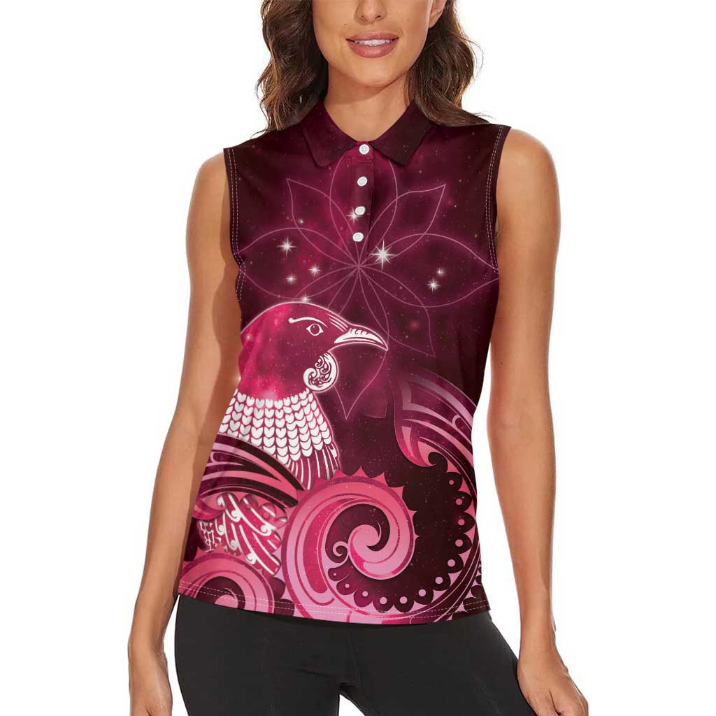 New Zealand Matariki Women Sleeveless Polo Shirt Maori Tui Bird Magenta Galaxy DT05 - Polynesian Pride