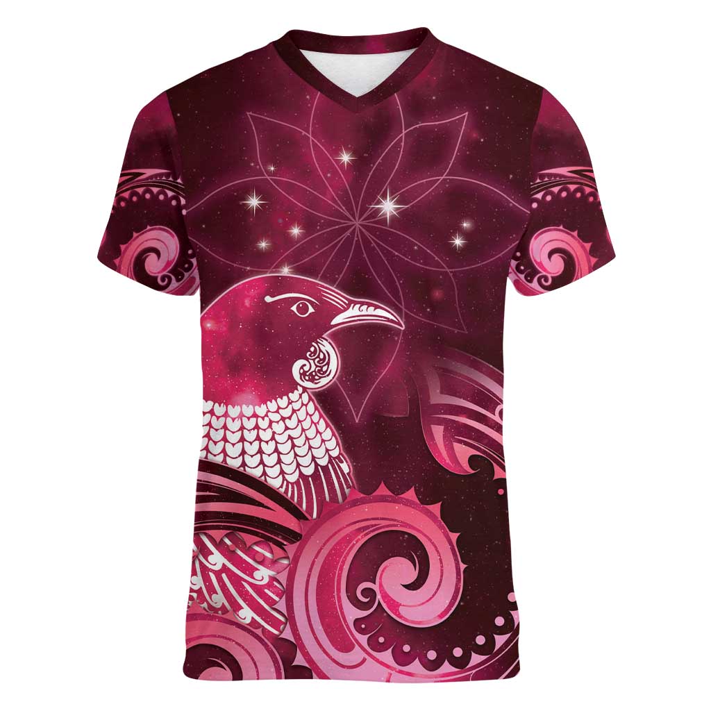 New Zealand Matariki Women V-Neck T-Shirt Maori Tui Bird Magenta Galaxy DT05 Female Magenta - Polynesian Pride