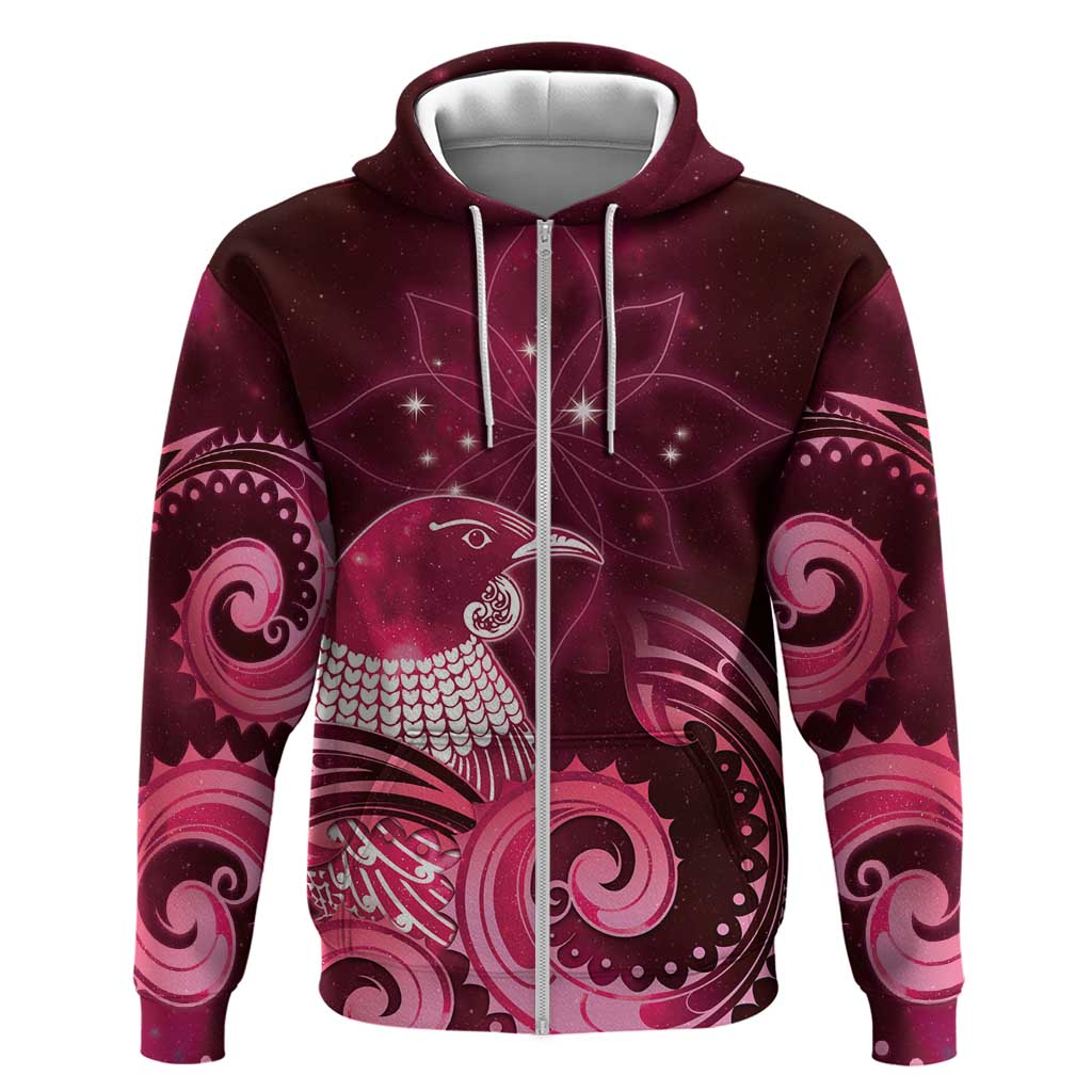 New Zealand Matariki Zip Hoodie Maori Tui Bird Magenta Galaxy DT05 Zip Hoodie Magenta - Polynesian Pride