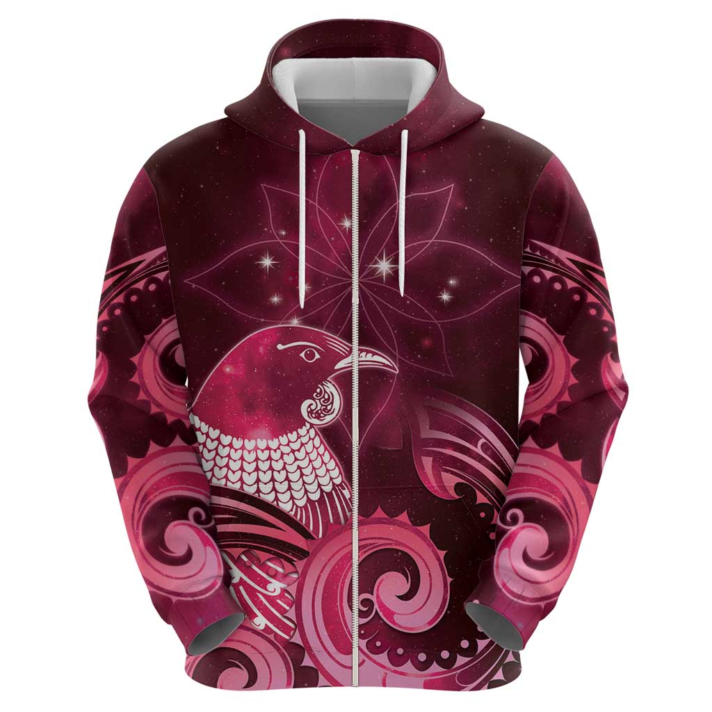 New Zealand Matariki Zip Hoodie Maori Tui Bird Magenta Galaxy DT05 - Polynesian Pride
