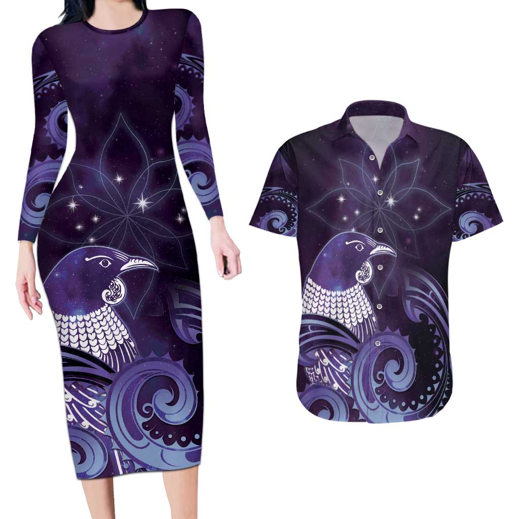 New Zealand Matariki Couples Matching Long Sleeve Bodycon Dress and Hawaiian Shirt Maori Tui Bird Purple Galaxy DT05 Purple - Polynesian Pride