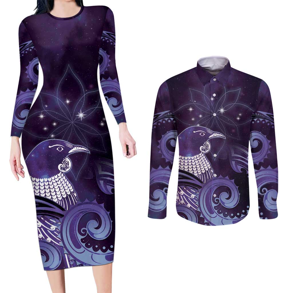 New Zealand Matariki Couples Matching Long Sleeve Bodycon Dress and Long Sleeve Button Shirt Maori Tui Bird Purple Galaxy DT05 Purple - Polynesian Pride