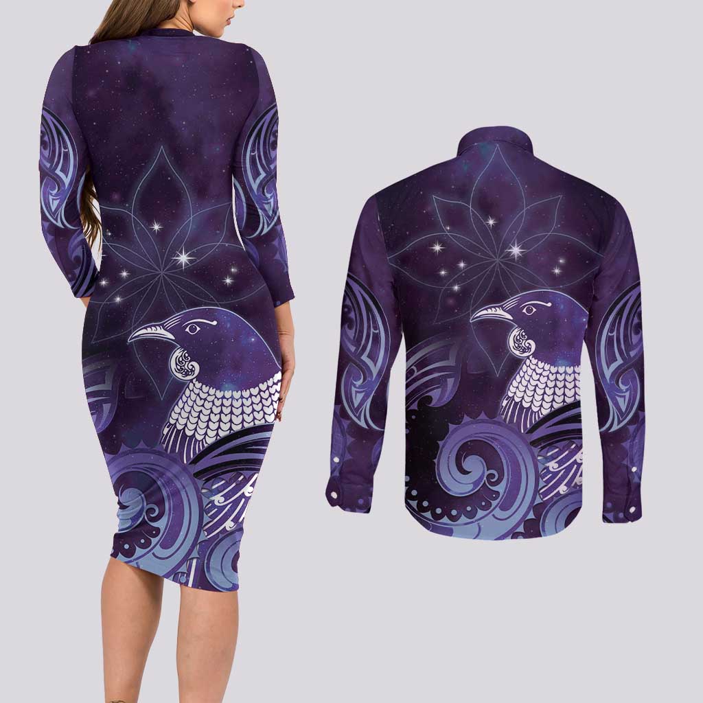 New Zealand Matariki Couples Matching Long Sleeve Bodycon Dress and Long Sleeve Button Shirt Maori Tui Bird Purple Galaxy DT05 - Polynesian Pride