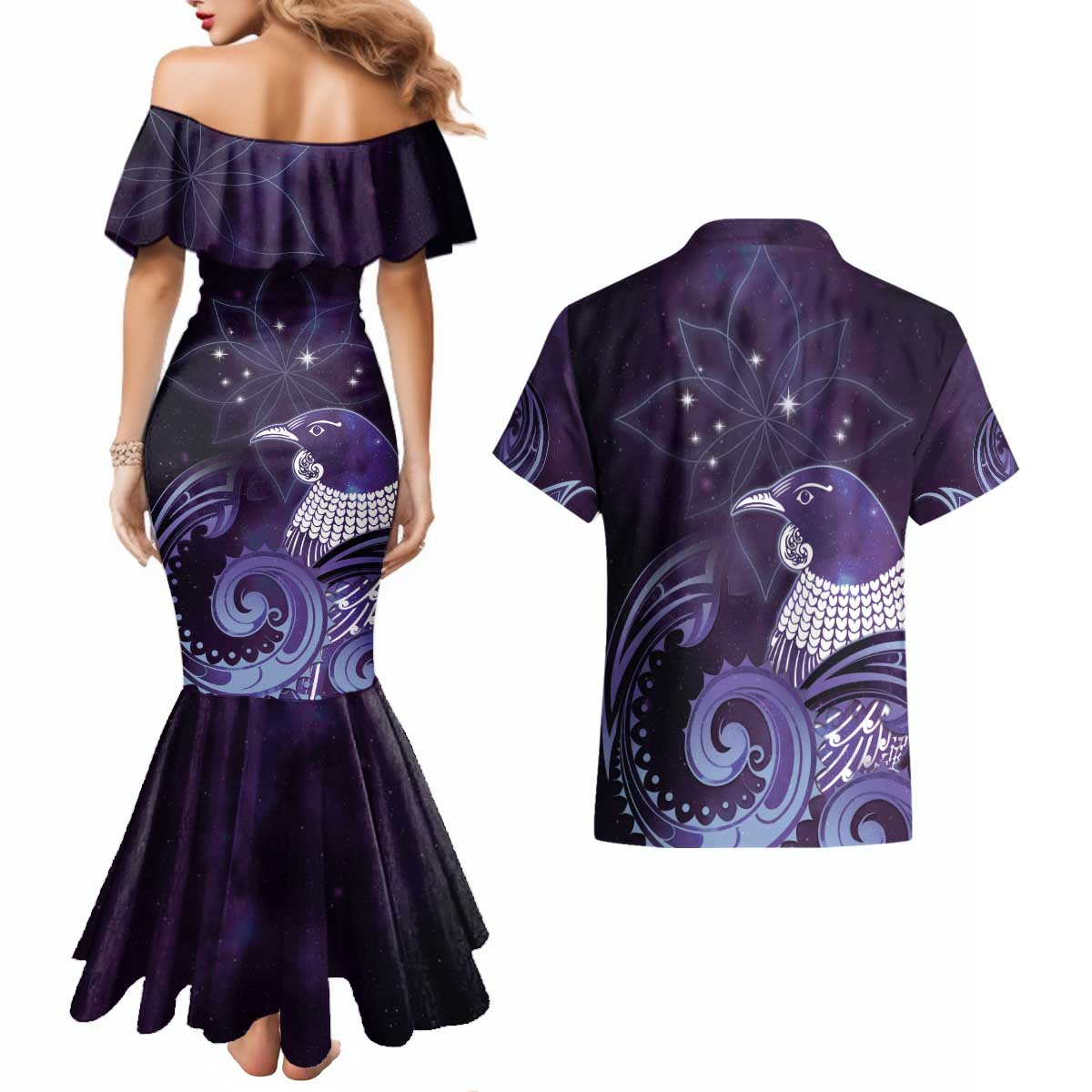 New Zealand Matariki Couples Matching Mermaid Dress and Hawaiian Shirt Maori Tui Bird Purple Galaxy DT05 - Polynesian Pride