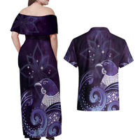 New Zealand Matariki Couples Matching Off Shoulder Maxi Dress and Hawaiian Shirt Maori Tui Bird Purple Galaxy DT05 - Polynesian Pride