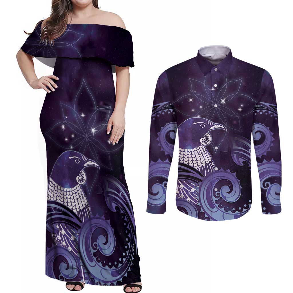 New Zealand Matariki Couples Matching Off Shoulder Maxi Dress and Long Sleeve Button Shirt Maori Tui Bird Purple Galaxy DT05 Purple - Polynesian Pride