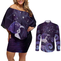 New Zealand Matariki Couples Matching Off Shoulder Short Dress and Long Sleeve Button Shirt Maori Tui Bird Purple Galaxy DT05 Purple - Polynesian Pride