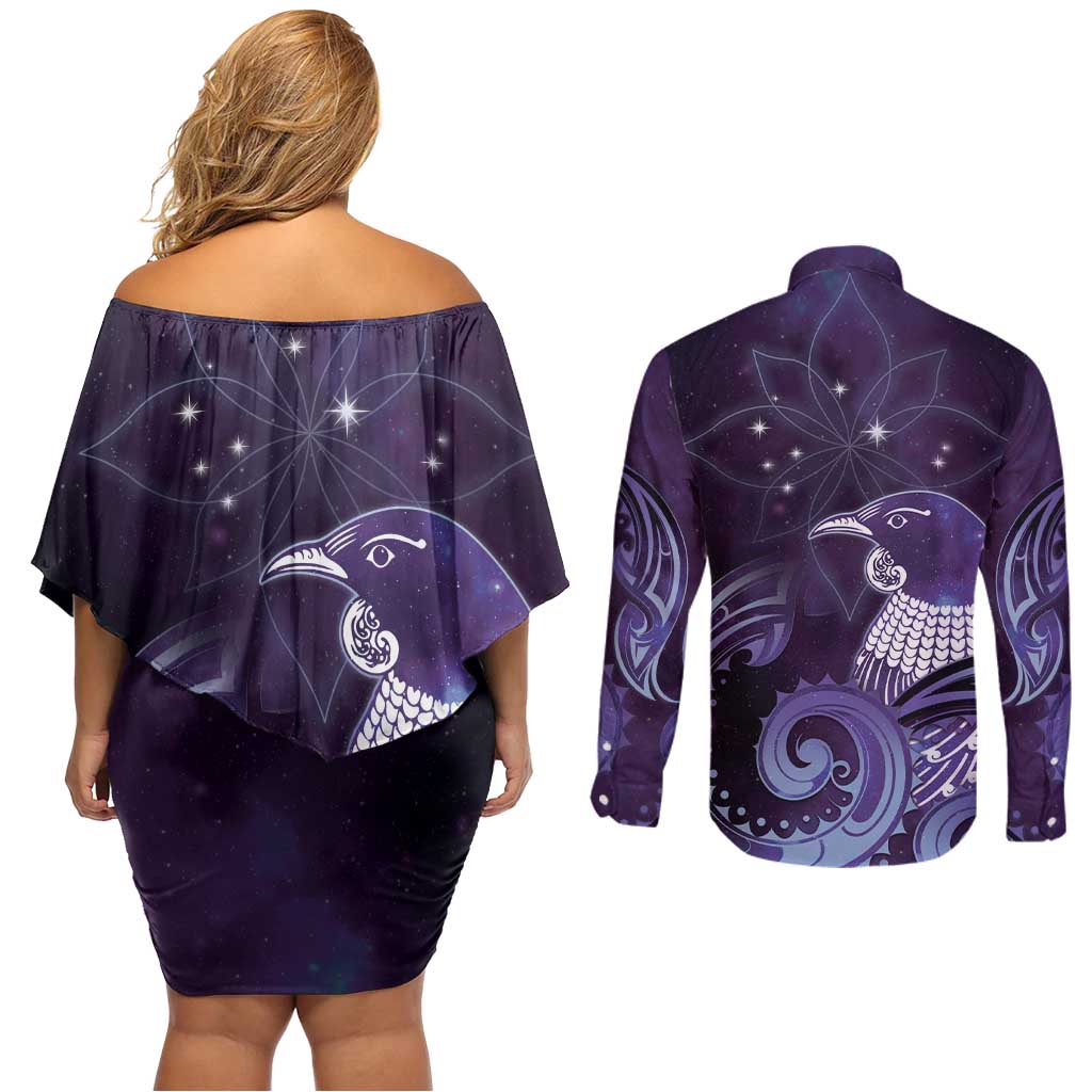 New Zealand Matariki Couples Matching Off Shoulder Short Dress and Long Sleeve Button Shirt Maori Tui Bird Purple Galaxy DT05 - Polynesian Pride