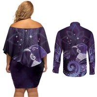 New Zealand Matariki Couples Matching Off Shoulder Short Dress and Long Sleeve Button Shirt Maori Tui Bird Purple Galaxy DT05 - Polynesian Pride