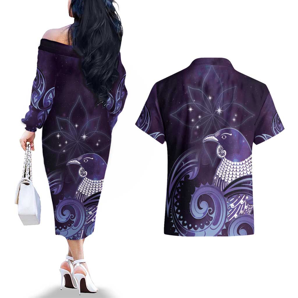 New Zealand Matariki Couples Matching Off The Shoulder Long Sleeve Dress and Hawaiian Shirt Maori Tui Bird Purple Galaxy DT05 - Polynesian Pride