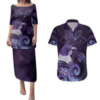 New Zealand Matariki Couples Matching Puletasi and Hawaiian Shirt Maori Tui Bird Purple Galaxy DT05 Purple - Polynesian Pride