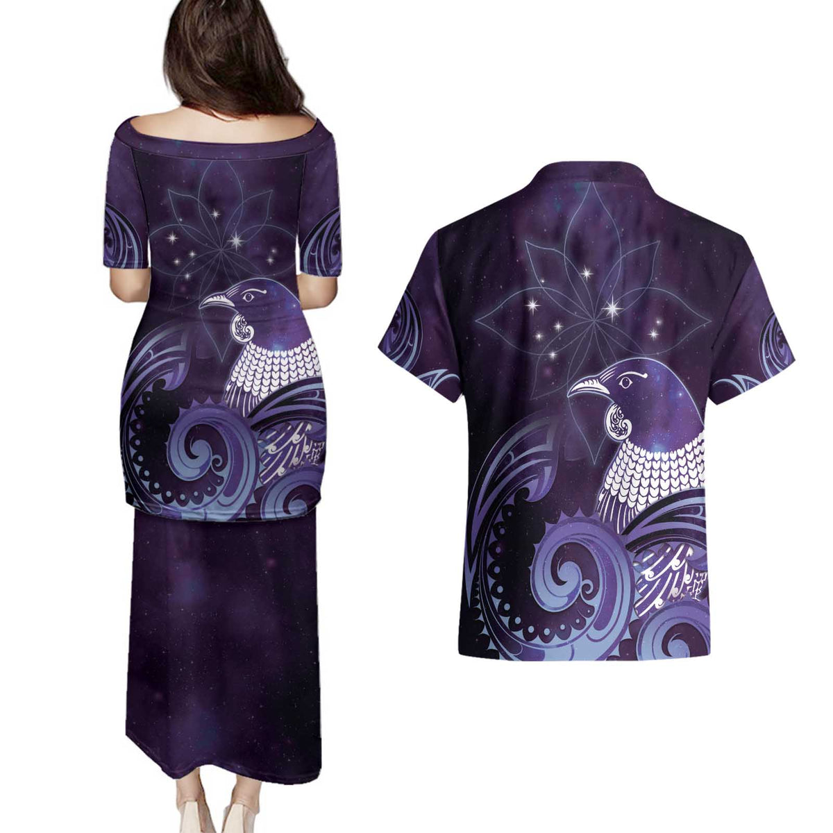 New Zealand Matariki Couples Matching Puletasi and Hawaiian Shirt Maori Tui Bird Purple Galaxy DT05 - Polynesian Pride