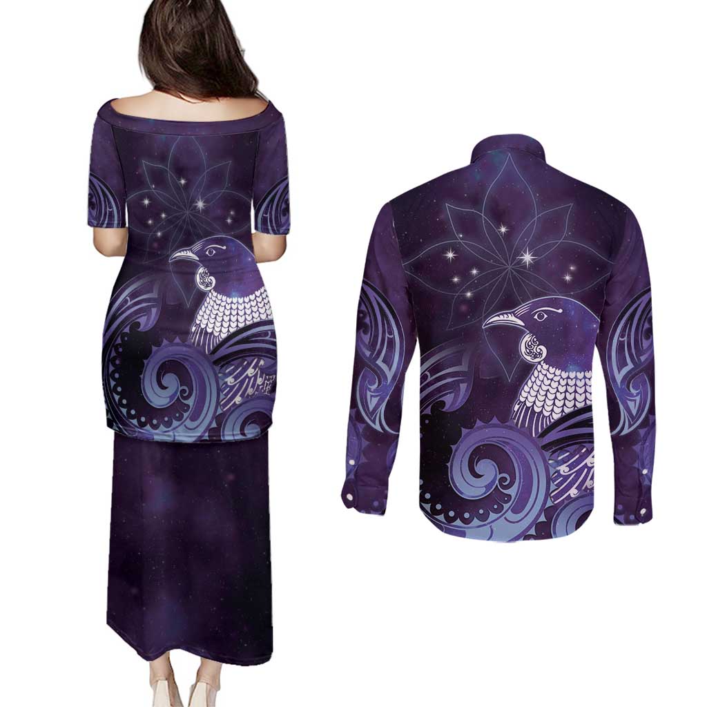 New Zealand Matariki Couples Matching Puletasi and Long Sleeve Button Shirt Maori Tui Bird Purple Galaxy DT05 - Polynesian Pride
