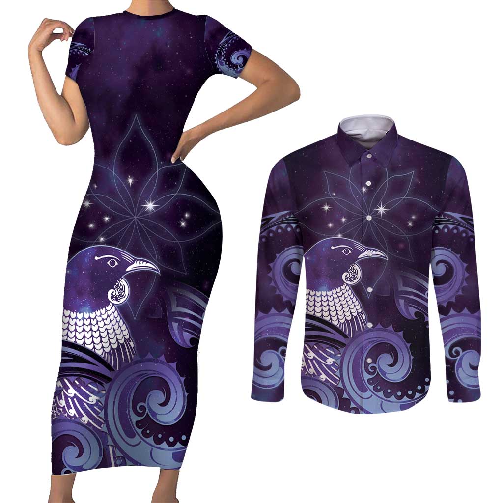 New Zealand Matariki Couples Matching Short Sleeve Bodycon Dress and Long Sleeve Button Shirt Maori Tui Bird Purple Galaxy DT05 Purple - Polynesian Pride