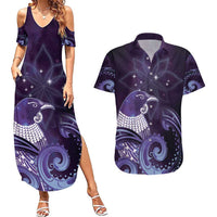 New Zealand Matariki Couples Matching Summer Maxi Dress and Hawaiian Shirt Maori Tui Bird Purple Galaxy DT05 Purple - Polynesian Pride