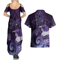 New Zealand Matariki Couples Matching Summer Maxi Dress and Hawaiian Shirt Maori Tui Bird Purple Galaxy DT05 - Polynesian Pride