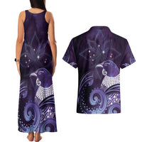 New Zealand Matariki Couples Matching Tank Maxi Dress and Hawaiian Shirt Maori Tui Bird Purple Galaxy DT05 - Polynesian Pride