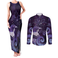 New Zealand Matariki Couples Matching Tank Maxi Dress and Long Sleeve Button Shirt Maori Tui Bird Purple Galaxy DT05 Purple - Polynesian Pride