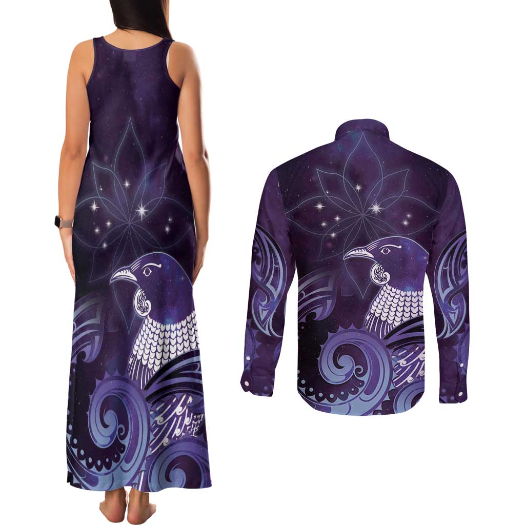 New Zealand Matariki Couples Matching Tank Maxi Dress and Long Sleeve Button Shirt Maori Tui Bird Purple Galaxy DT05 - Polynesian Pride