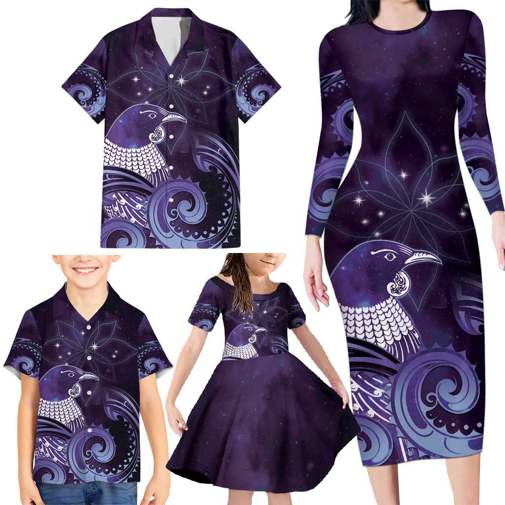New Zealand Matariki Family Matching Long Sleeve Bodycon Dress and Hawaiian Shirt Maori Tui Bird Purple Galaxy DT05 - Polynesian Pride