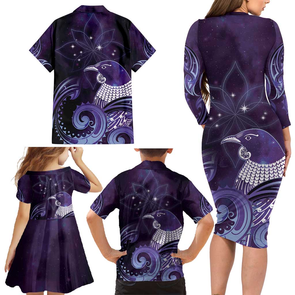 New Zealand Matariki Family Matching Long Sleeve Bodycon Dress and Hawaiian Shirt Maori Tui Bird Purple Galaxy DT05 - Polynesian Pride