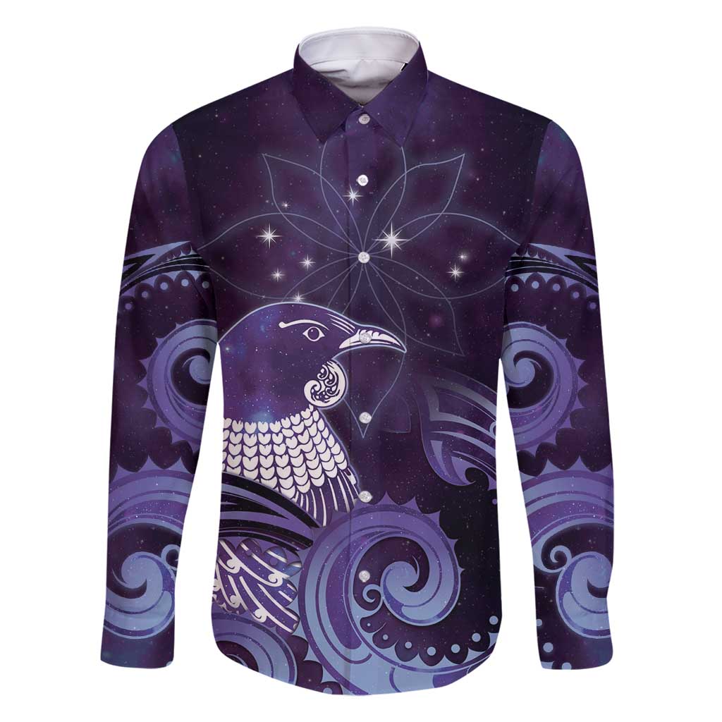New Zealand Matariki Family Matching Long Sleeve Bodycon Dress and Hawaiian Shirt Maori Tui Bird Purple Galaxy DT05 Dad's Shirt - Long Sleeve Purple - Polynesian Pride