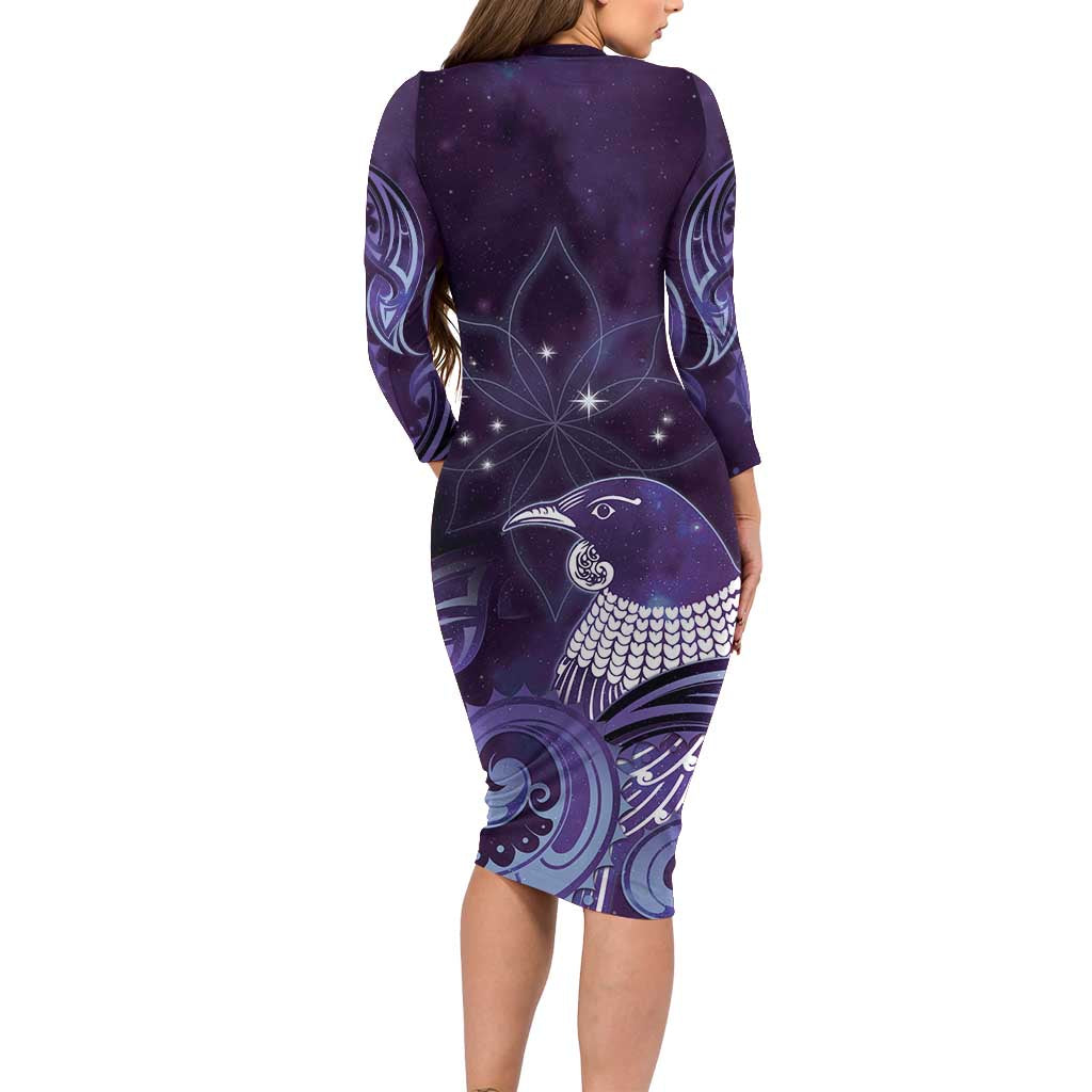 New Zealand Matariki Family Matching Long Sleeve Bodycon Dress and Hawaiian Shirt Maori Tui Bird Purple Galaxy DT05 - Polynesian Pride