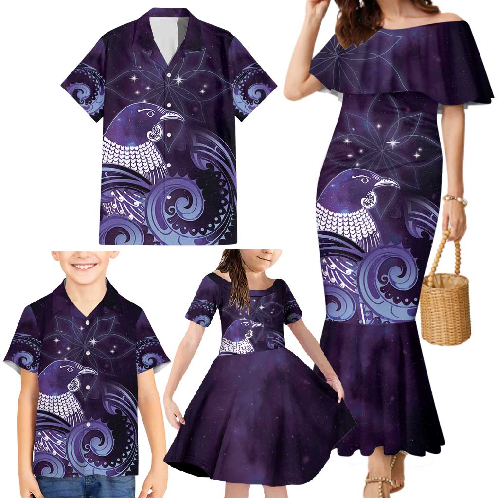 New Zealand Matariki Family Matching Mermaid Dress and Hawaiian Shirt Maori Tui Bird Purple Galaxy DT05 - Polynesian Pride