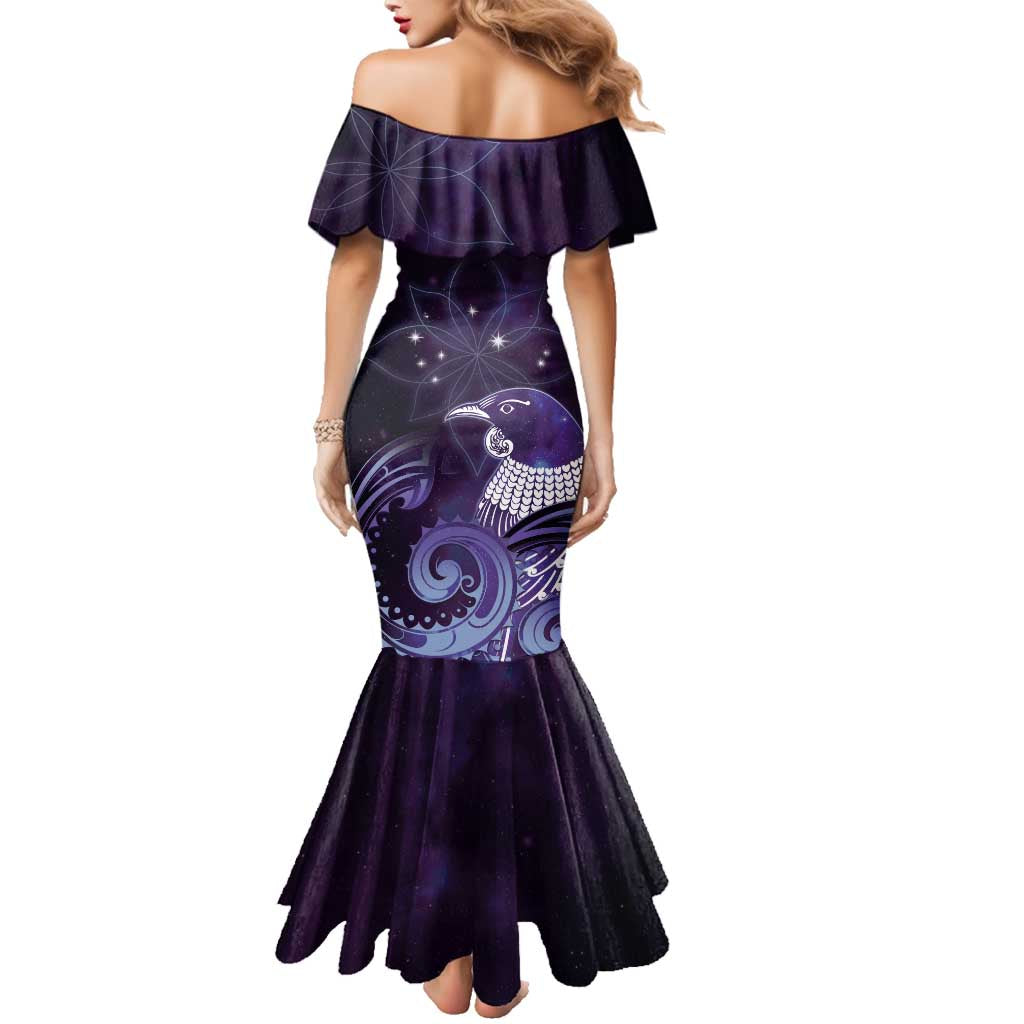 New Zealand Matariki Family Matching Mermaid Dress and Hawaiian Shirt Maori Tui Bird Purple Galaxy DT05 - Polynesian Pride