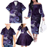 New Zealand Matariki Family Matching Off The Shoulder Long Sleeve Dress and Hawaiian Shirt Maori Tui Bird Purple Galaxy DT05 - Polynesian Pride