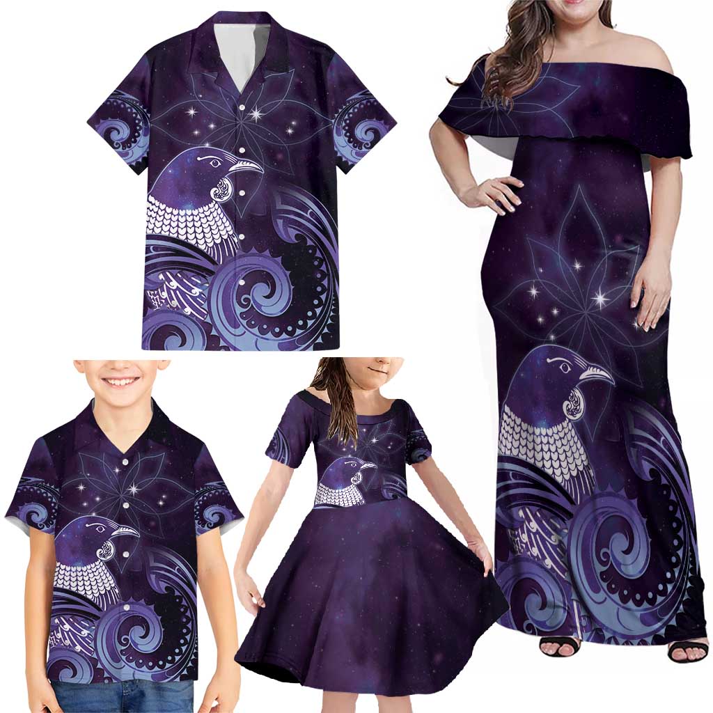 New Zealand Matariki Family Matching Off Shoulder Maxi Dress and Hawaiian Shirt Maori Tui Bird Purple Galaxy DT05 - Polynesian Pride