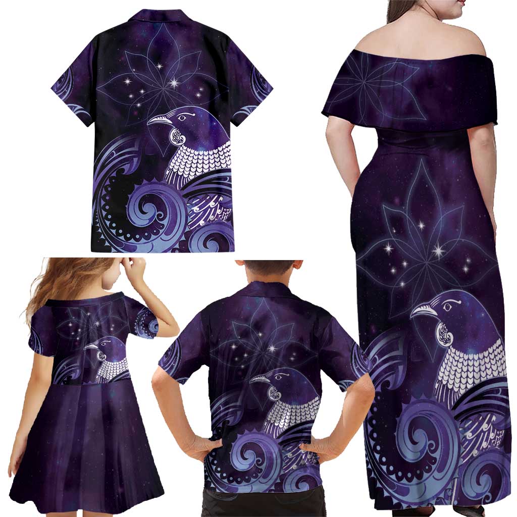 New Zealand Matariki Family Matching Off Shoulder Maxi Dress and Hawaiian Shirt Maori Tui Bird Purple Galaxy DT05 - Polynesian Pride