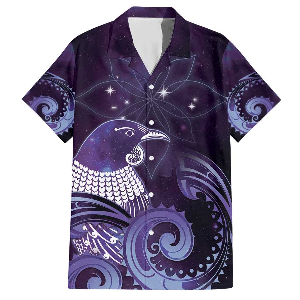 New Zealand Matariki Family Matching Off Shoulder Maxi Dress and Hawaiian Shirt Maori Tui Bird Purple Galaxy DT05 Dad's Shirt - Short Sleeve Purple - Polynesian Pride
