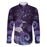 New Zealand Matariki Family Matching Off Shoulder Maxi Dress and Hawaiian Shirt Maori Tui Bird Purple Galaxy DT05 Dad's Shirt - Long Sleeve Purple - Polynesian Pride