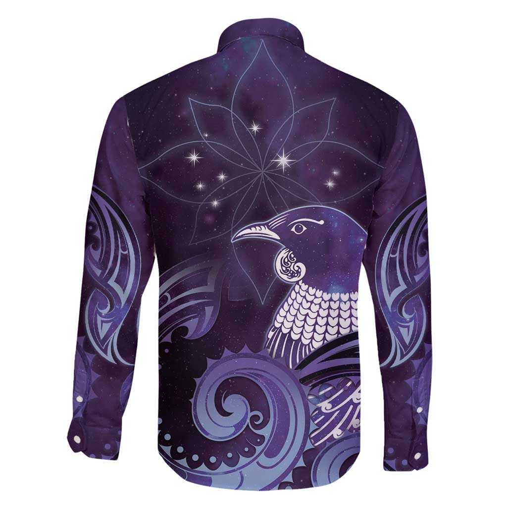 New Zealand Matariki Family Matching Off Shoulder Maxi Dress and Hawaiian Shirt Maori Tui Bird Purple Galaxy DT05 - Polynesian Pride