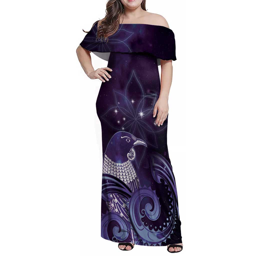 New Zealand Matariki Family Matching Off Shoulder Maxi Dress and Hawaiian Shirt Maori Tui Bird Purple Galaxy DT05 Mom's Dress Purple - Polynesian Pride