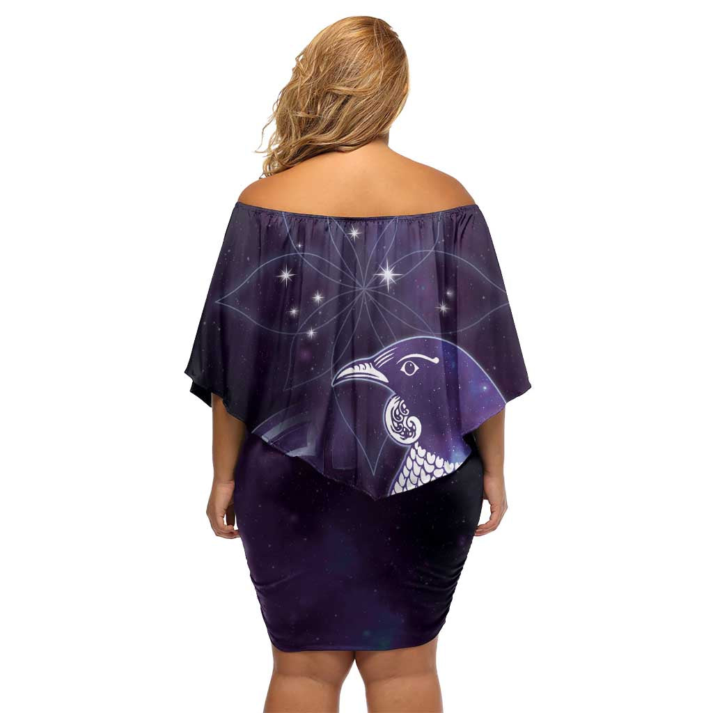 New Zealand Matariki Family Matching Off Shoulder Short Dress and Hawaiian Shirt Maori Tui Bird Purple Galaxy DT05 - Polynesian Pride