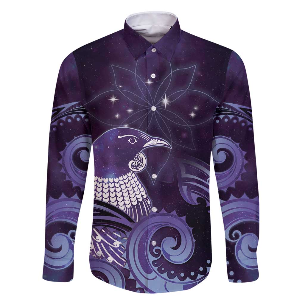 New Zealand Matariki Family Matching Puletasi and Hawaiian Shirt Maori Tui Bird Purple Galaxy DT05 Dad's Shirt - Long Sleeve Purple - Polynesian Pride