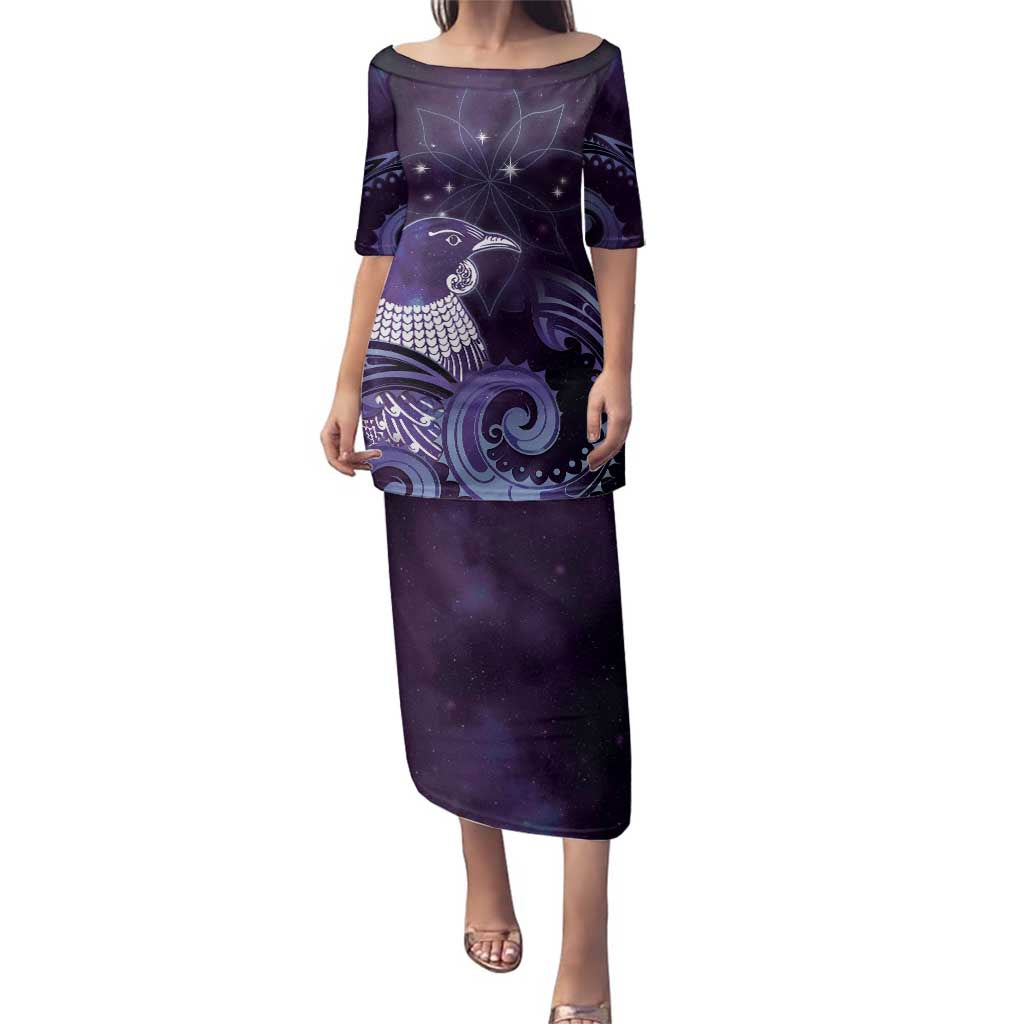 New Zealand Matariki Family Matching Puletasi and Hawaiian Shirt Maori Tui Bird Purple Galaxy DT05 Mom's Dress Purple - Polynesian Pride