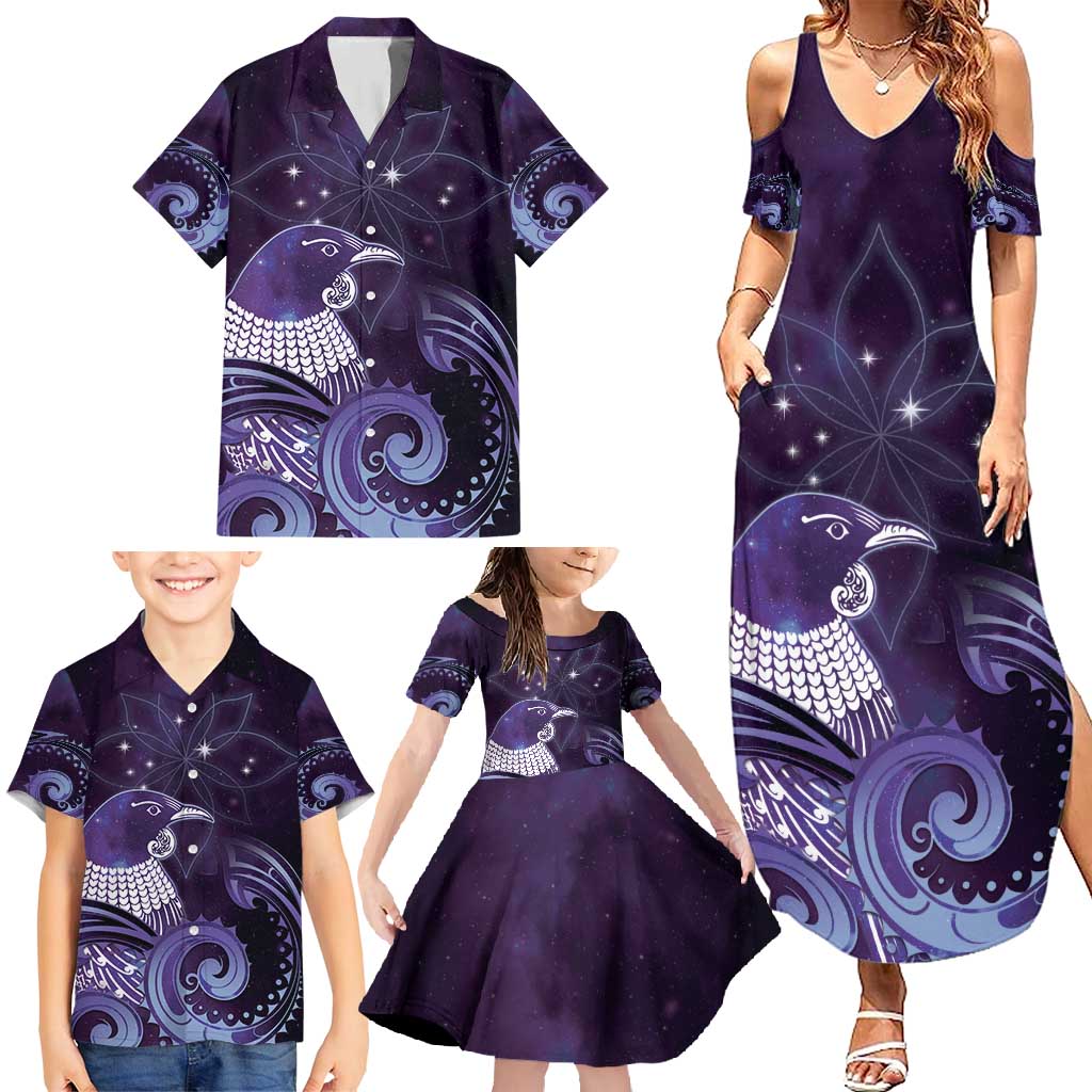 New Zealand Matariki Family Matching Summer Maxi Dress and Hawaiian Shirt Maori Tui Bird Purple Galaxy DT05 - Polynesian Pride