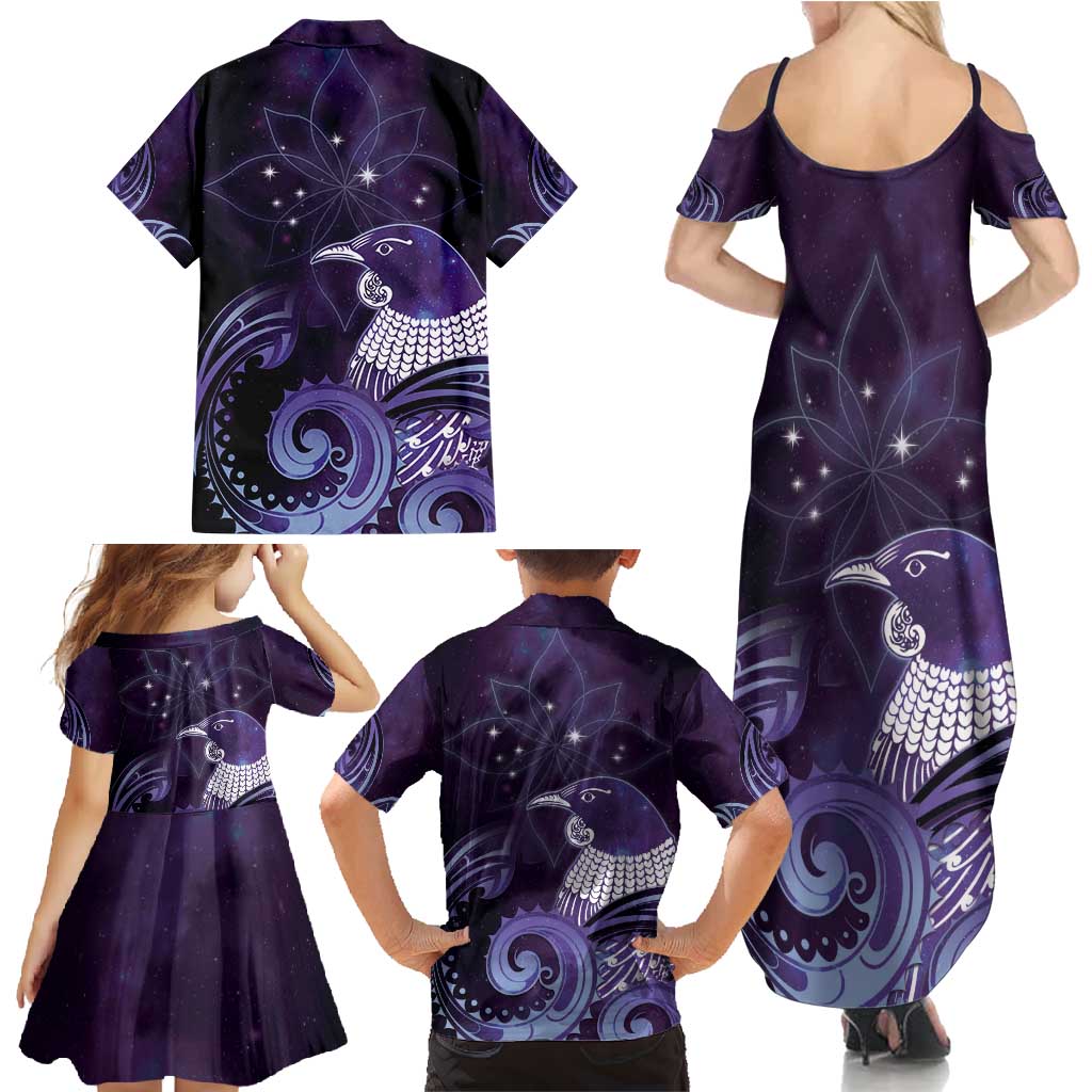 New Zealand Matariki Family Matching Summer Maxi Dress and Hawaiian Shirt Maori Tui Bird Purple Galaxy DT05 - Polynesian Pride
