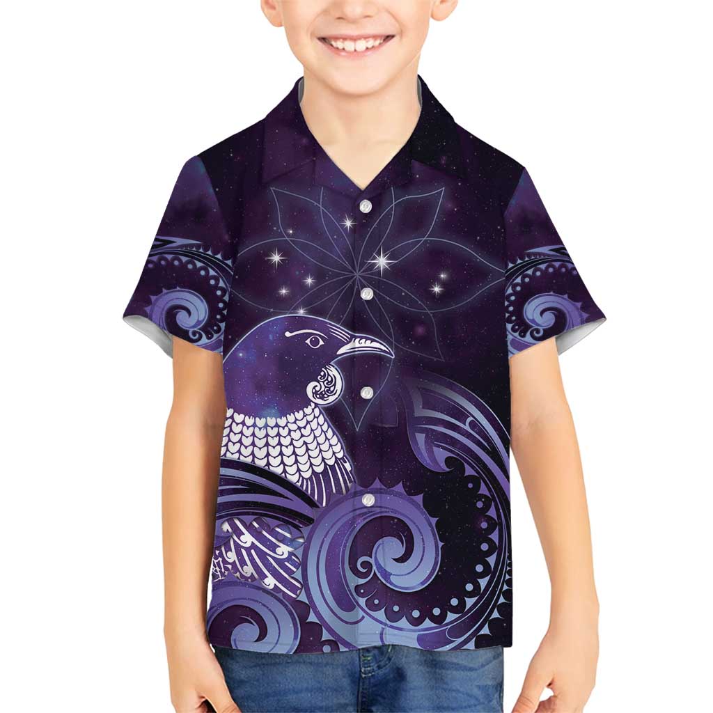 New Zealand Matariki Family Matching Summer Maxi Dress and Hawaiian Shirt Maori Tui Bird Purple Galaxy DT05 Son's Shirt Purple - Polynesian Pride