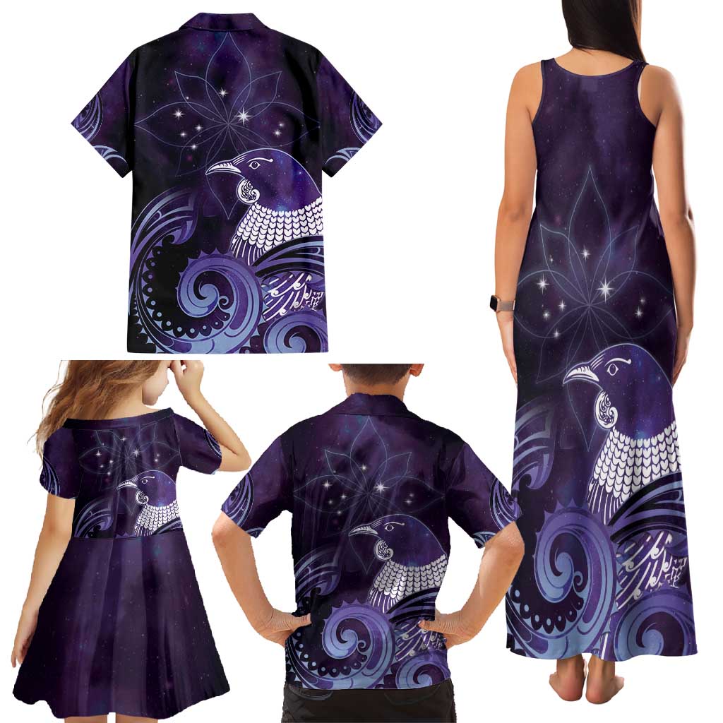New Zealand Matariki Family Matching Tank Maxi Dress and Hawaiian Shirt Maori Tui Bird Purple Galaxy DT05 - Polynesian Pride
